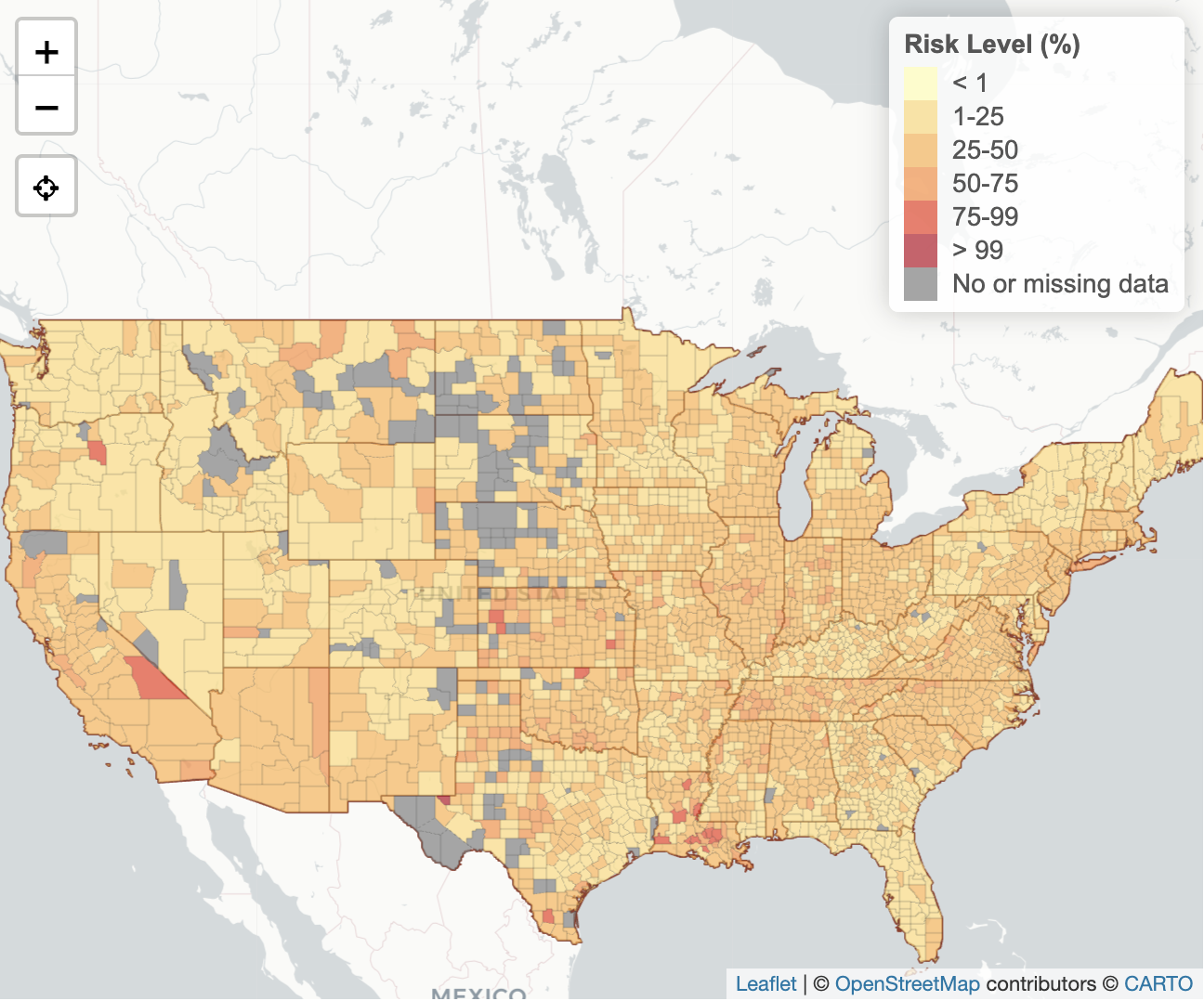 Choropleth map from the COVID-19 Event Risk Tool showing the level of risk associated with attending an event in different areas of the United States.