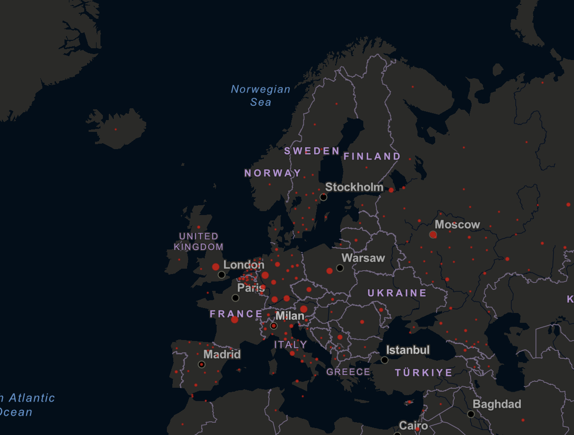 Dot map from Johns Hopkins University showing the number of COVID-19 cases in different countries/regions worldwide.