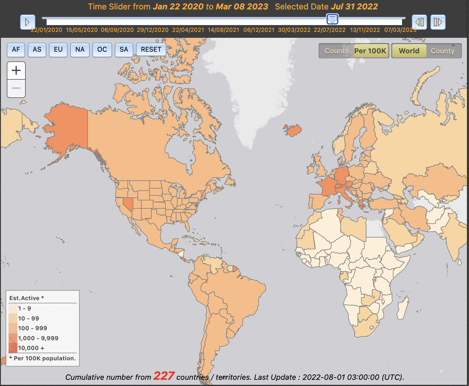 Choropleth map from the University of Virginia showing the number of active COVID-19 cases over time.